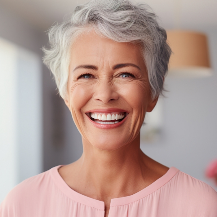 Woman with short gray hair grinning